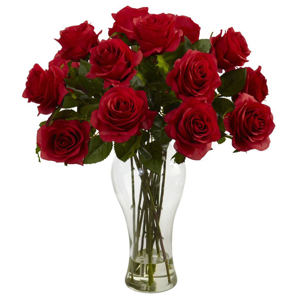 Открытка красные розы в вазе и украшение