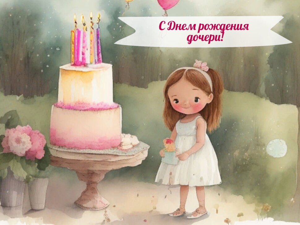 С Днем рождения дочери! Девочка с тортом и цветами