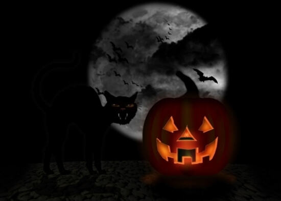 Зловещая картинка на Halloween с кошкой и тыквой