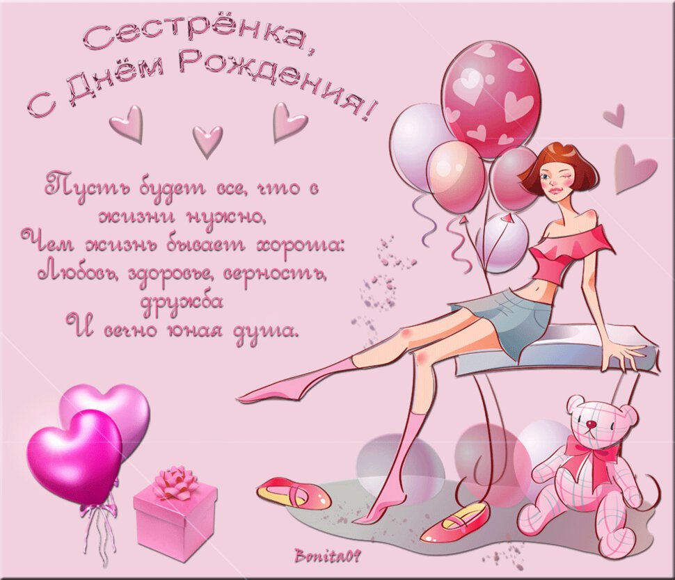 Гиф открытка в День Рождения сестре с воздушными шарами