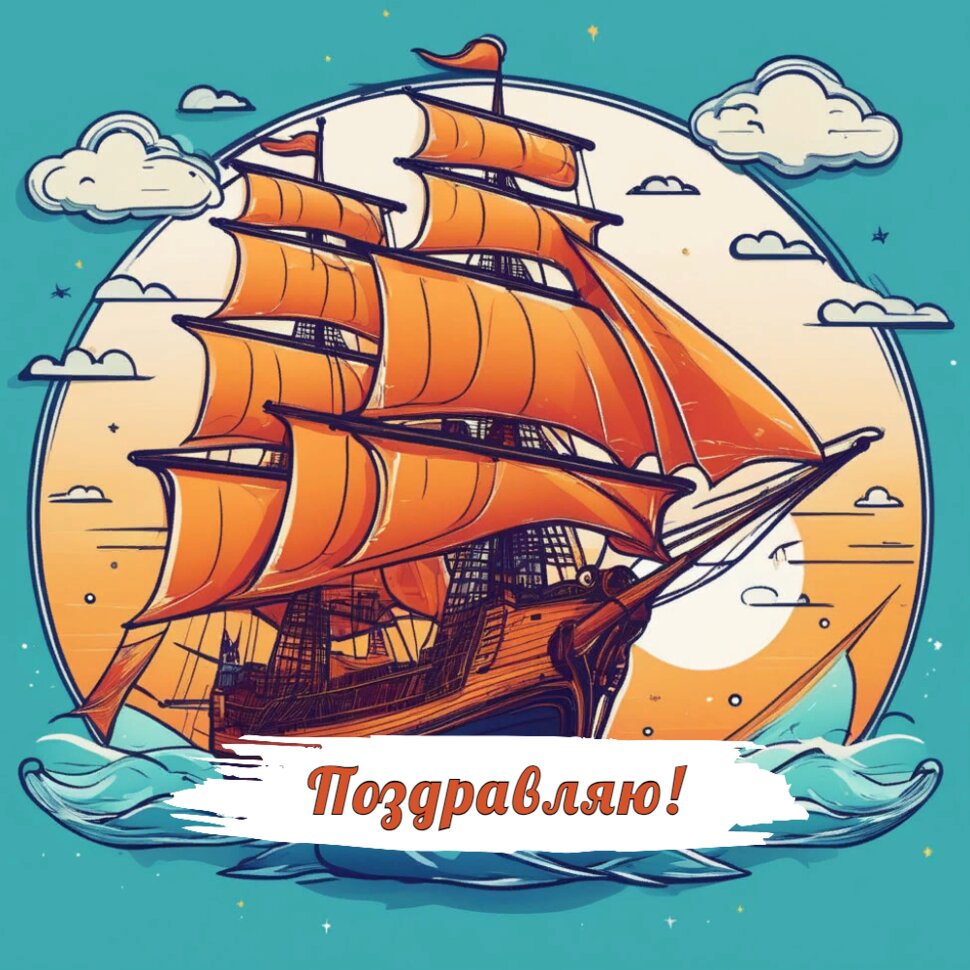 Поздравляю! Морская открытка с парусником в море