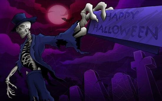 Картинка со скелетом и табличкой Happy Нalloween