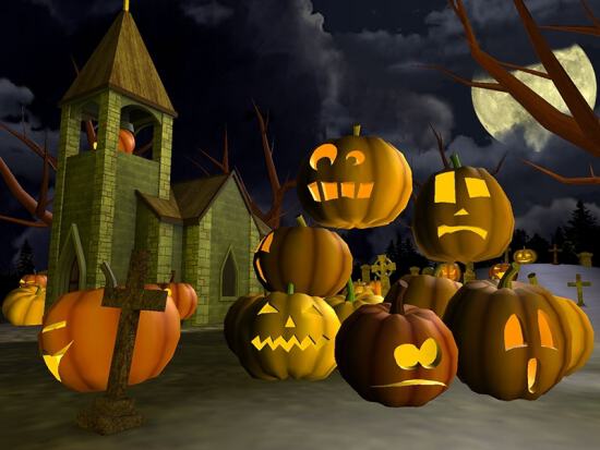 Мрачная картинка на Halloween с тыквами на кладбище