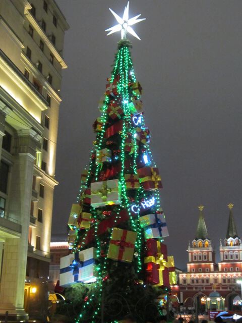 В самом центре Москвы ёлка светит в ночи